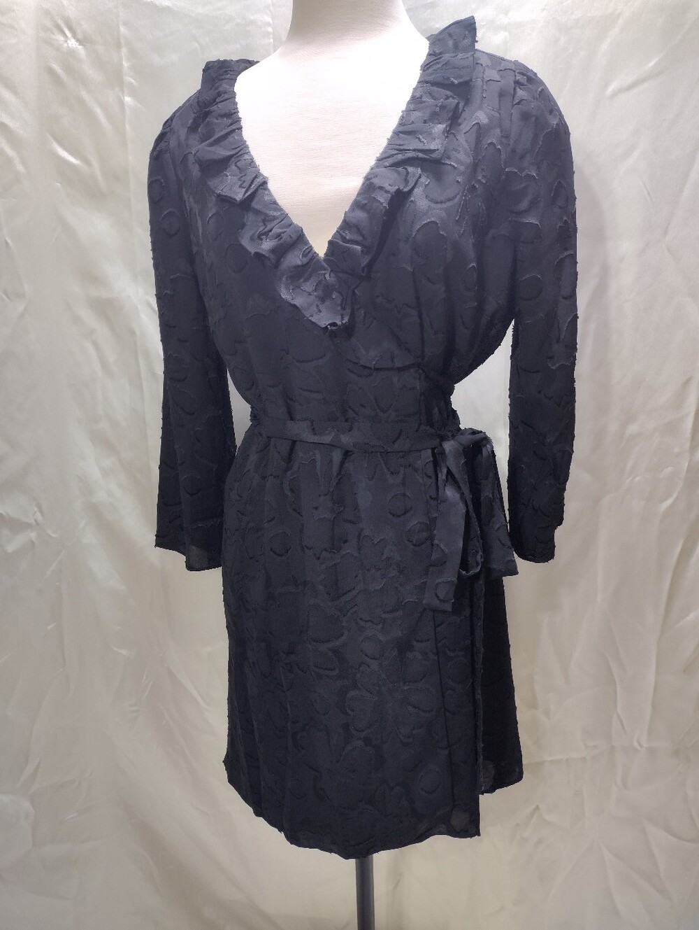 Madewell Ruffle Wrap Dress Small Black Floral Bohemian 3/4 Sleeve Style AF170 M